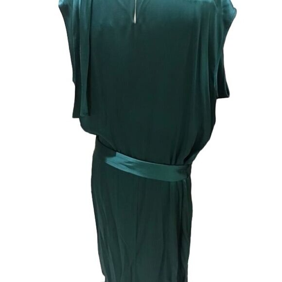 Sally Lapointe Dress 18 Green Cowl Neck Drape Luxury Old Money Belted Satin - Picture 9 of 16